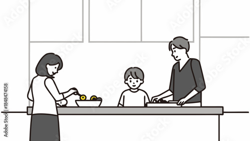 Illustration of a family preparing food together in a kitchen with a bowl of fruit and cutting board