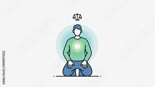 Meditative balance: calm sitting pose with justice scale icon