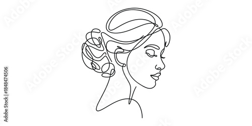Elegant woman profile continuous line art drawing minimalist hairstyle