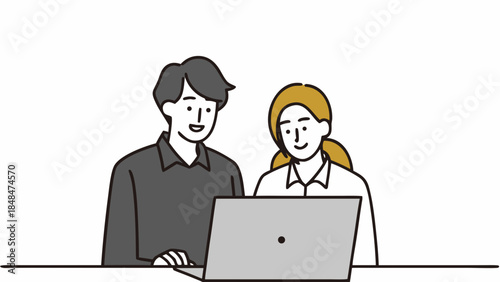 Two people looking at a laptop screen together in a simple line drawing style illustration image here