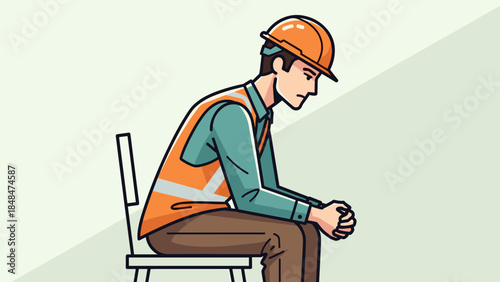 Construction worker in safety gear sitting thoughtfully on a chair