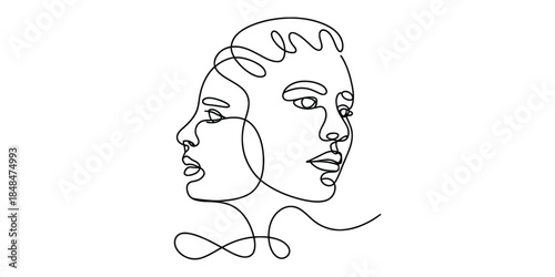 Continuous line art drawing of two faces back to back
