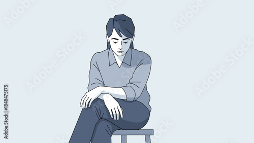 Thoughtful person sitting on stool in minimalist blue tones