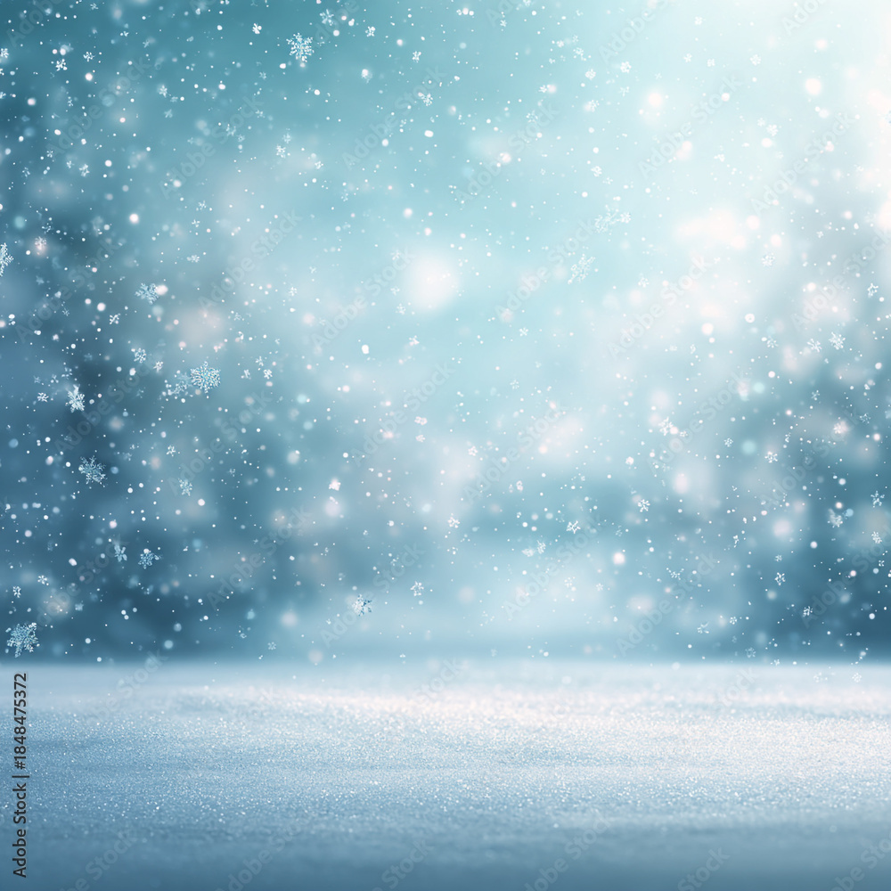 Fototapeta premium Minimal Winter Christmas Background with Falling Snow and Soft Blue White Tones