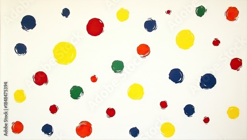 Abstract composition features randomly dispersed, colorful, textured circles on a cream-colored background, evoking a sense of playfulness and creative expression through the vibrant brushstroke...