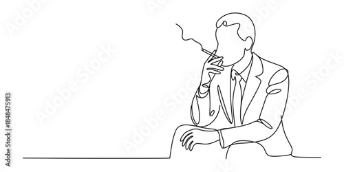 Businessman smoking cigarette continuous line art drawing style