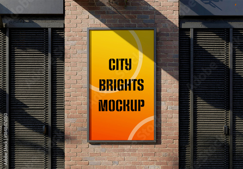 Vertical Poster Mockup on Brick Wall with Warm Gradient