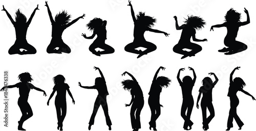 Set of twelve black silhouettes of energetic women dancing, jumping, and posing with flowing hair, isolated on white background for vector design.