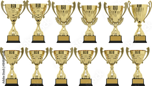 Set of twelve different gold trophy cups with black bases, including designs with laurel wreaths and smooth shapes, symbolizing success, achievement, and competition vector illustration.