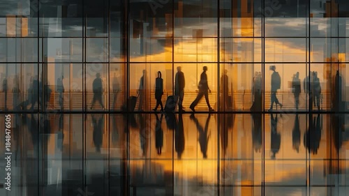 People walking in airport terminal at sunset