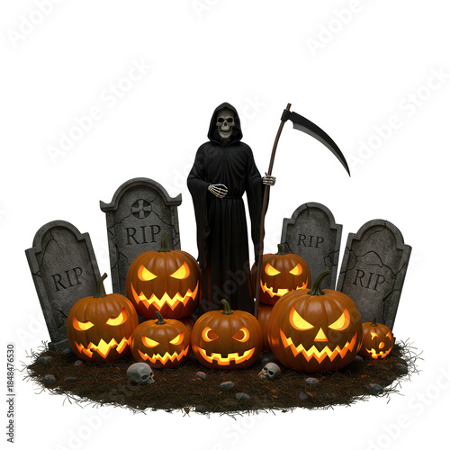 halloween scene: grim reaper, pumpkins, tombstones clip art preview