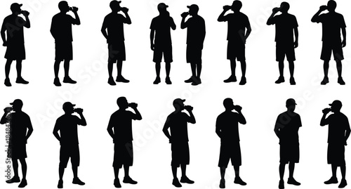 Set of Young Man Avatars Silhouette Vector Illustration, Male with Curly Hair in Various Poses like Waving, Praying, and Shy, Representing Different Emotions and Actions.