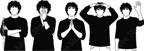 Set of Young Man Avatars Vector Illustration, Male with Curly Hair in Various Poses like Waving, Praying, and Shy, Representing Different Emotions and Actions.