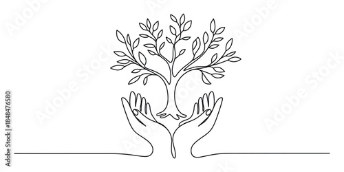 One line drawing of hands holding a growing tree, continuous line art