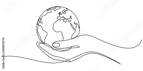 One line drawing of hands holding the earth globe icon
