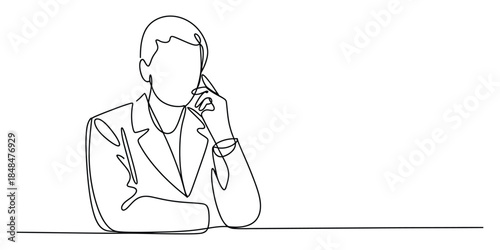 One line drawing of business person thinking or talking on phone