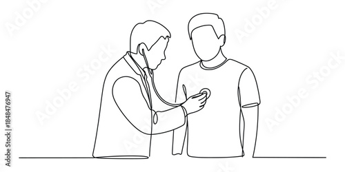 Doctor examining patients chest with a stethoscope, continuous line art