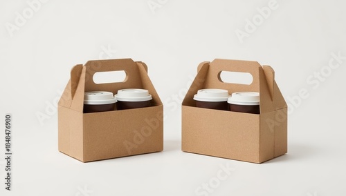 Two cardboard carrying trays, each holding two coffee cups with white lids, are set against a clean white background, creating a minimalist and modern visual with a focus on take-away drinks.