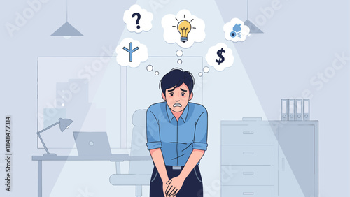 Stressed professional in office contemplating financial and creative solutions