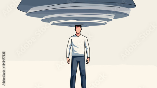 Man under spinning thoughts: surreal tornado mind concept in minimal art