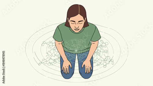 Meditative woman with network pattern in calm minimalist style