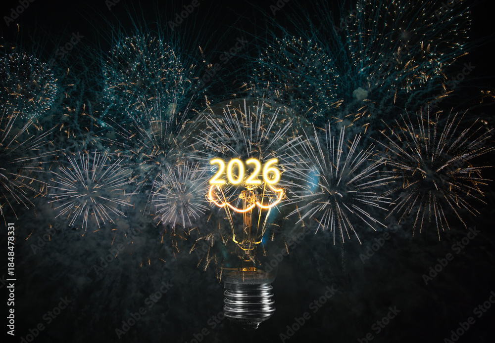 Obraz premium The bulb's filament also says 2026 - Light bulb isolated on black background with fireworks