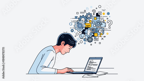 Innovative thinking: man coding with gears and ideas in a modern workspace setting