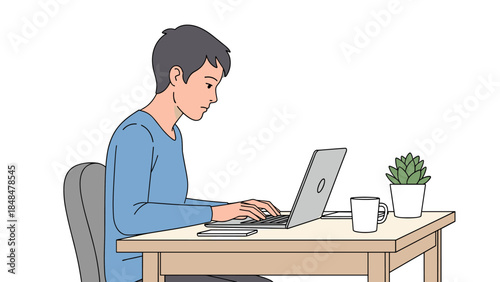Person working at laptop in modern workspace with coffee and plant