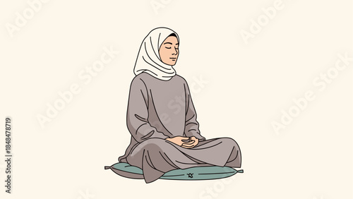 Calm woman meditating in traditional clothing on cushion