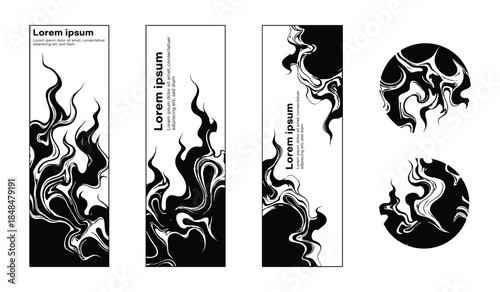 Black and White Abstract Flame and Swirl Designs with Placeholder Text Keywords: abstract, black, white, flame, swirl, fire, liquid, smoke, pattern, design, graphic, element, banner, bookmark