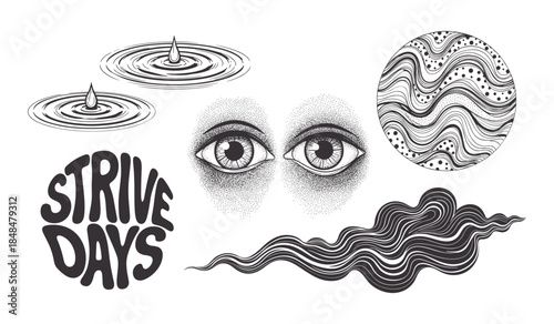 Black and White Illustration with Eyes Ripples Text Cloud and Waves on White Background Keywords: illustration, black, white, eyes, ripple, water, text, strive days, cloud, wave, abstract, graphic