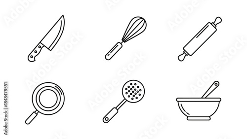 Simple black line icons of essential kitchen utensils