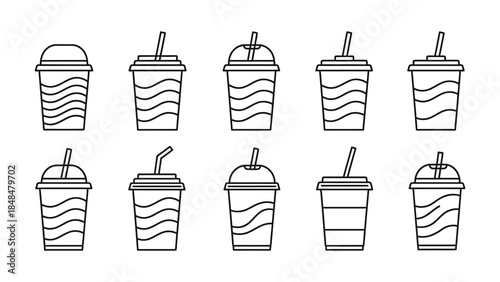 Ten black and white line icons of cold drink cups with straws