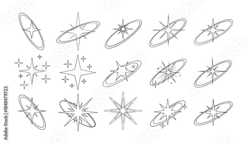 Collection of line art starbursts and orbiting ring star icons in black and white on a white background Keywords: star, starburst, sparkle, shine, glitter, icon, symbol, graphic, design