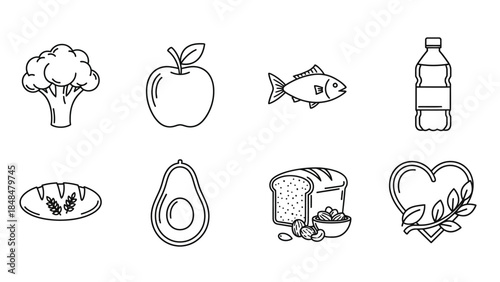 Simple black line icons for healthy diet and wellness food