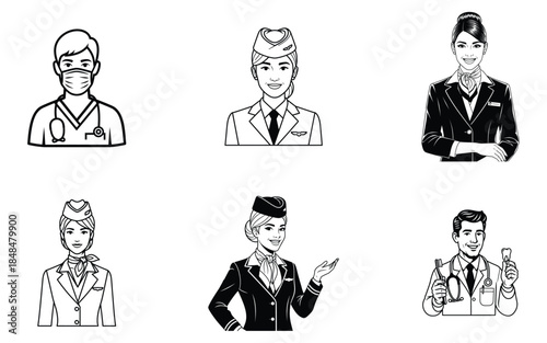 Black and white illustrations of professional occupations including medical staff and cabin crew