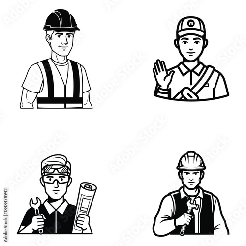 Collection of monochromatic line art avatars for various professional occupations
