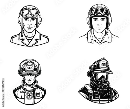 Black and white vector illustrations of pilots and firefighters in uniform
