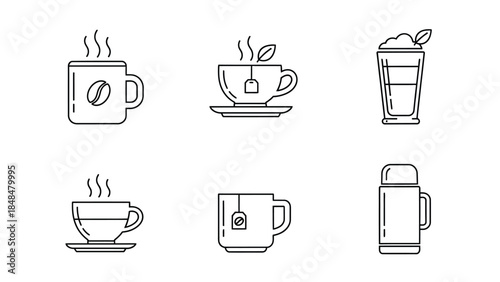 Set of six black and white line icons of beverage containers