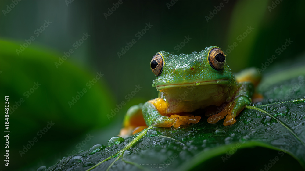Fototapeta premium 緑のカエルが葉の上で休む場面