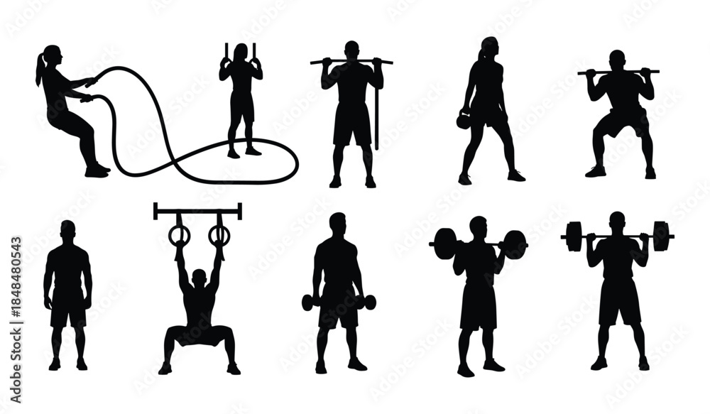 Obraz premium Silhouettes of People Performing Crossfit Exercises with Ropes and Weights on White Background fitness