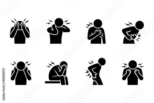 Silhouette figures expressing pain and discomfort in various body parts