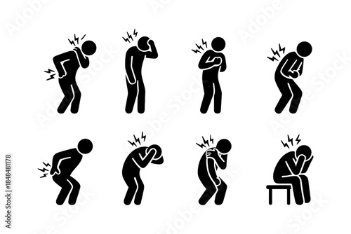 Silhouette icons of people in painful postures with physical discomfort