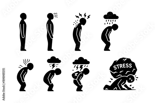 Silhouette illustration depicting stress and anxiety with weather and posture icons