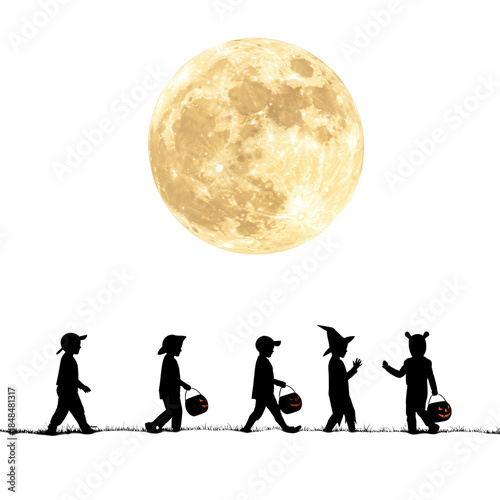 Silhouette of trick or treaters with full moon isolated on transparent background
