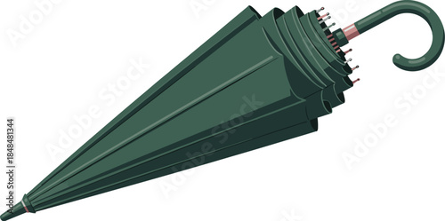 Isolated green umbrella closed for rain protection and sun shade on white background studio shot