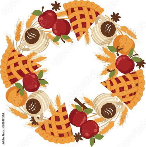 Thanksgiving wreath with apple pie, coffee, wheat and pumpkins for fall season celebration design