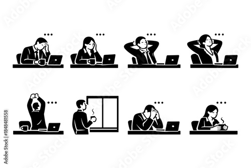 Monochrome office worker silhouettes displaying a range of emotions and actions