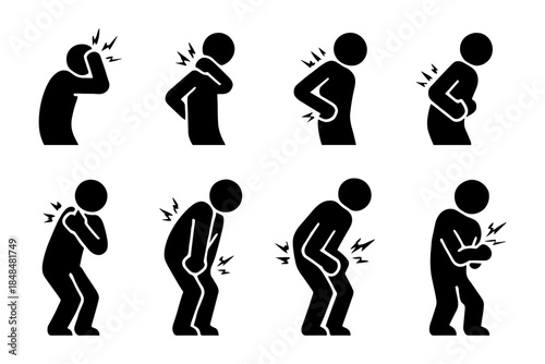 Silhouette icons of people experiencing various types of pain and discomfort