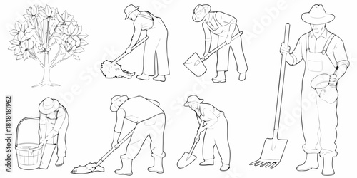 Line art illustration of gardeners working with tools around a small tree